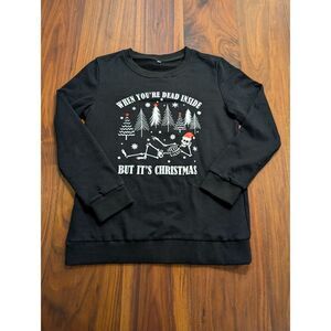 Women's Black Funny Skeleton Christmas Crew Neck Graphic Sweatshirt Size Medium